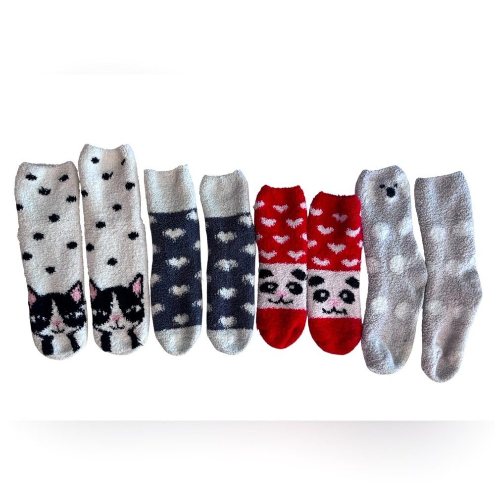 Set of 4 Old Navy fuzzy winter socks cat panda bear koala polkadots fits 5-9